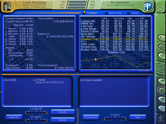 Director of Football (Windows) screenshot: There are both long-term investments and a Stock Market. You can either make a lot of money from stocks, or see funds disappear when they crash