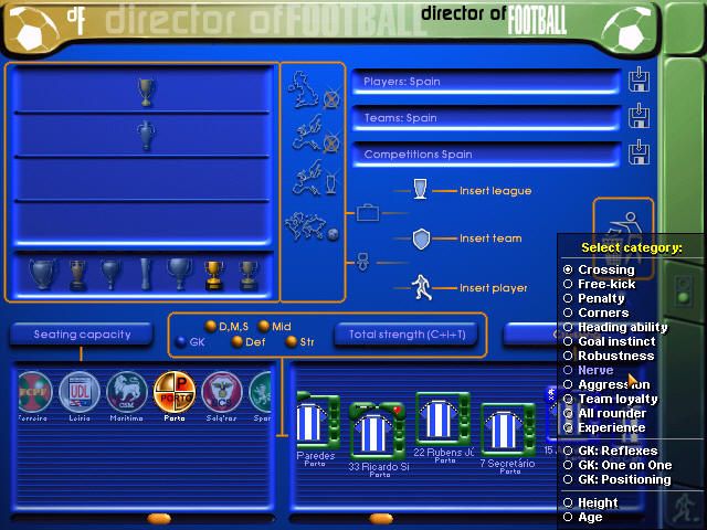 Director of Football (Windows) screenshot: The editor. Not easy to explain by a simple screenshot, and so, not that easy to use