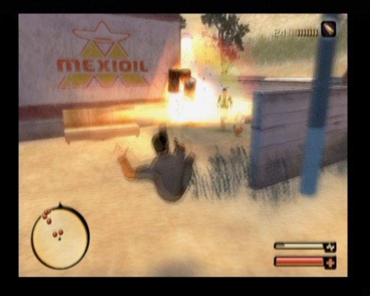Total Overdose: A Gunslinger's Tale in Mexico (PlayStation 2) screenshot: Shooting at the fuel barrels is always more useful than shooting at the target