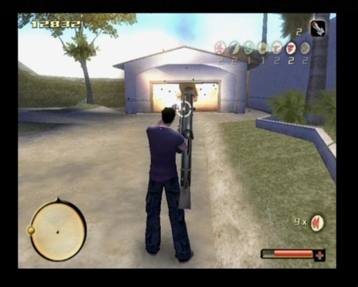 Total Overdose: A Gunslinger's Tale in Mexico (PlayStation 2) screenshot: Testing bazooka on a parked sports car