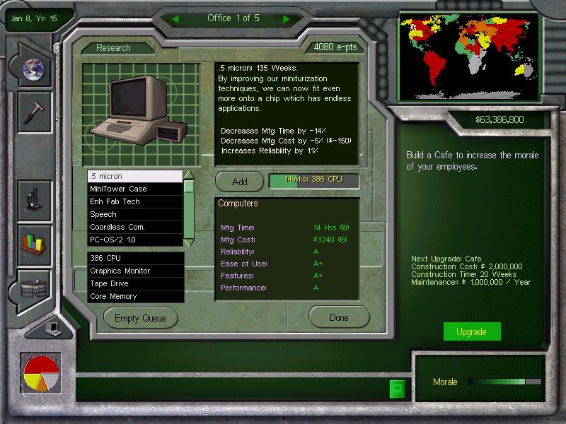 Business Tycoon (Windows) screenshot: Research screen for "computers" game.