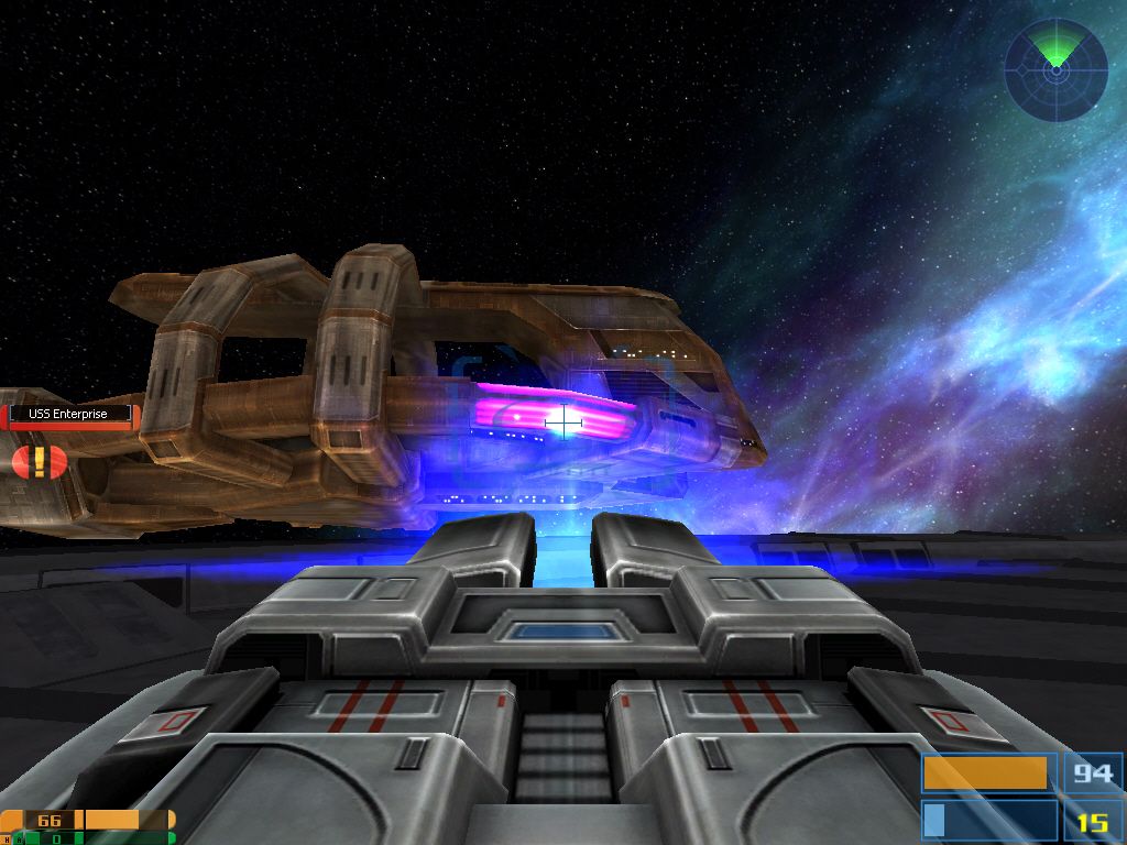 Star Trek: Elite Force II (Windows) screenshot: The Enterprise-E has laser turrets on it's outer hull which can blast other starships