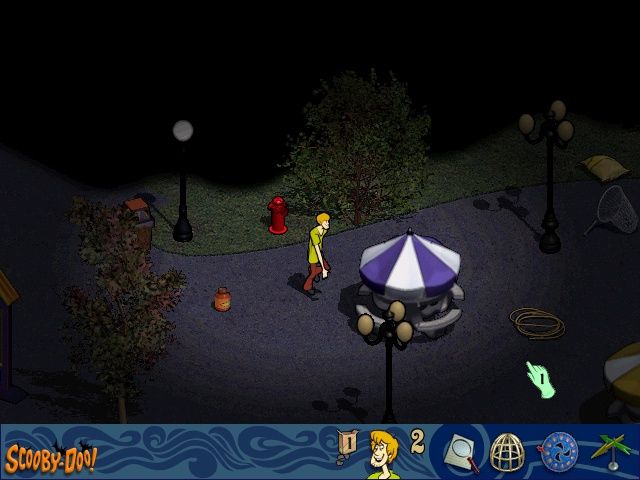 Scooby-Doo!: Mystery of the Fun Park Phantom (Windows) screenshot: Shaggy hunting for clues at the Fun Park by night