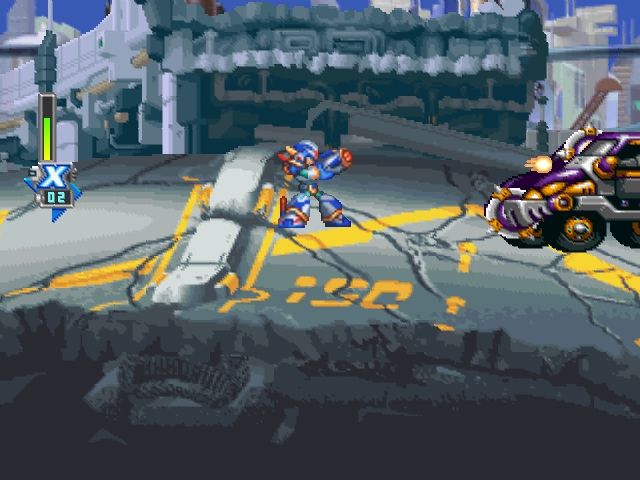 Mega Man X5 (PlayStation) screenshot: Don't get too close, that vehicle pulls out saw blades.