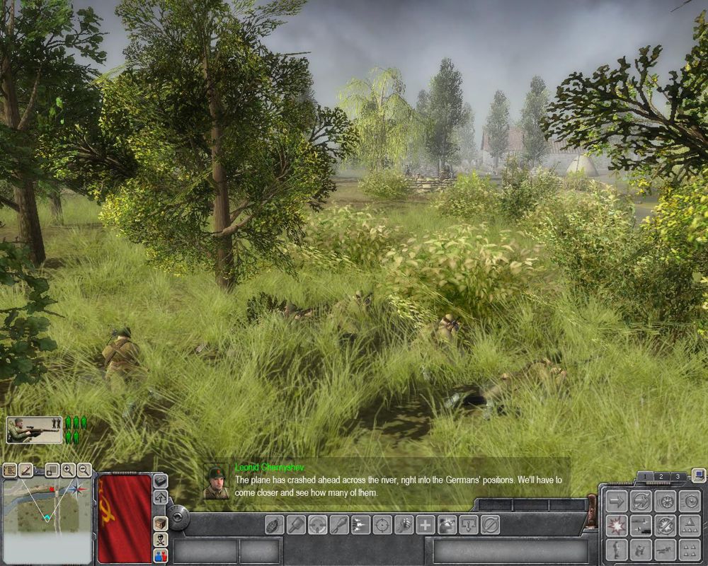Faces of War (Windows) screenshot: Beautiful countryside can be useful as cover.