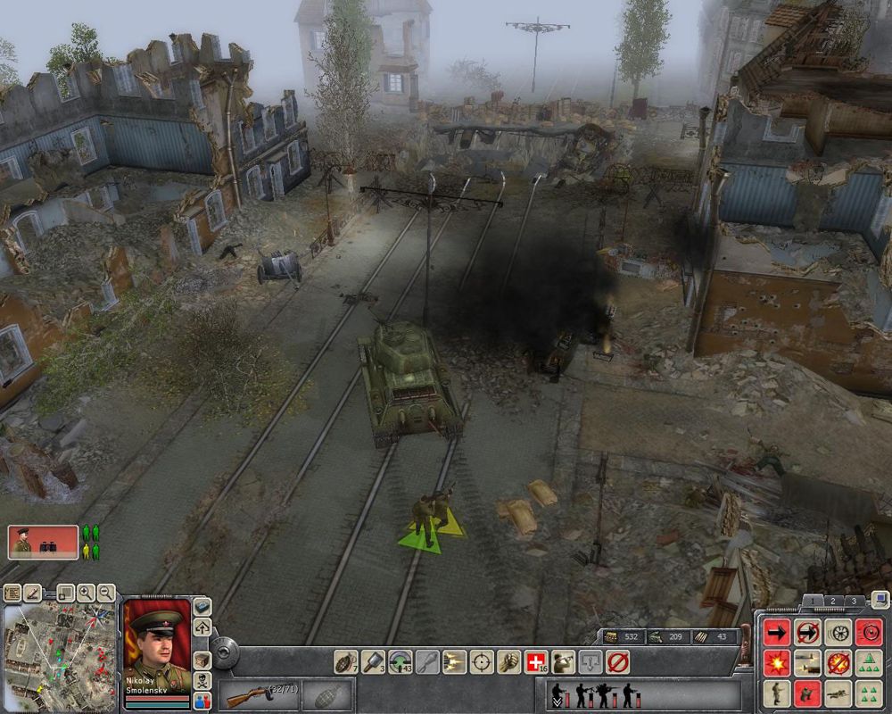 Faces of War (Windows) screenshot: Moving through streets using the tank as cover..too bad the tank will be destroyed in about a second.