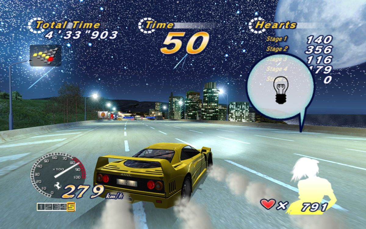 OutRun 2006: Coast 2 Coast (Windows) screenshot: A beautiful night and a beautiful F40! What more could you ask for?