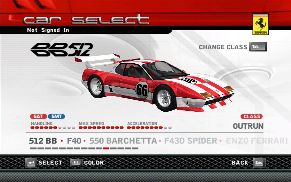 OutRun 2006: Coast 2 Coast (Windows) screenshot: One of the many Ferraris that you will eventually unlock: The racing 512 BB