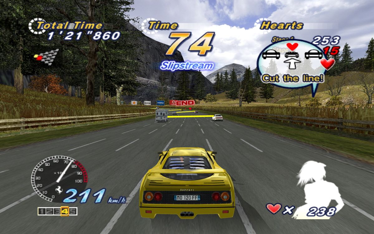 OutRun 2006: Coast 2 Coast (Windows) screenshot: One of the hardest tasks is to go through the cars and cut the yellow line that connects them, all due to poor handling