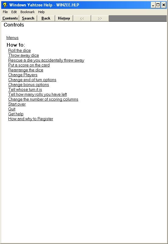 Windows Yahtzee (Windows 16-bit) screenshot: The game comes with a comprehensive help file which opens in a new window