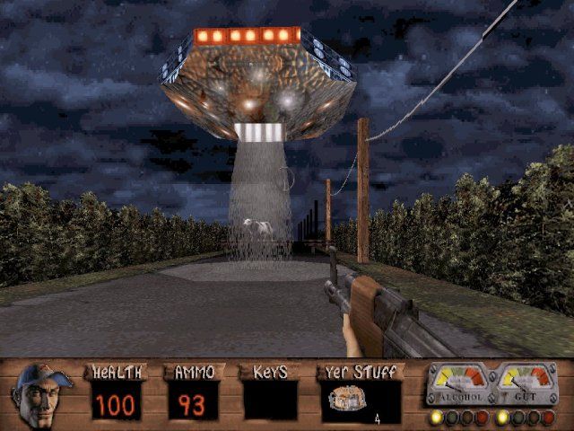 Redneck Rampage: Suckin' Grits on Route 66 (DOS) screenshot: A cow getting stolen by aliens