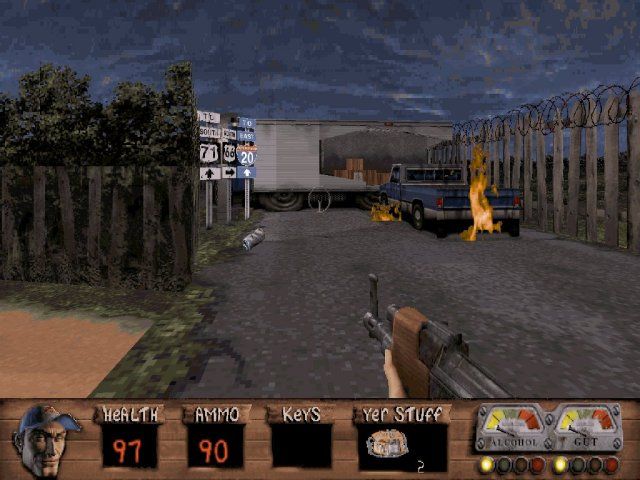 Redneck Rampage: Suckin' Grits on Route 66 (DOS) screenshot: Our car crashed into a truck