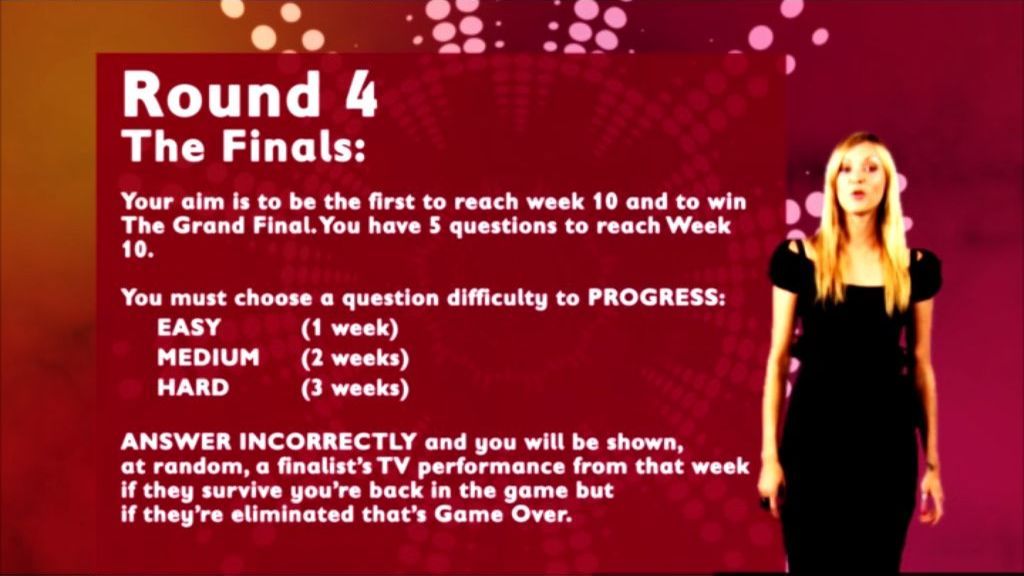 The X Factor: Interactive TV Game (DVD Player) screenshot: The Round Four help screen. I've just noticed that Fearne alternates between the left and right sides of the game's help screens.