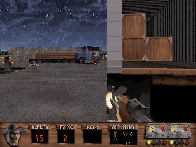 Redneck Rampage: Suckin' Grits on Route 66 (DOS) screenshot: Shootout at the truck stop