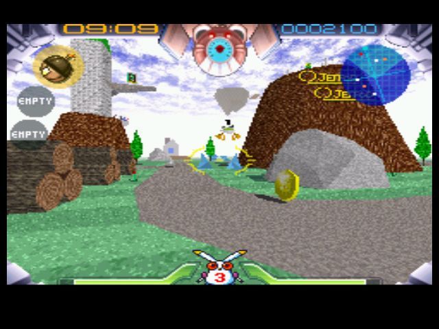 Jumping Flash! (PlayStation) screenshot: Trying to shoot a frog