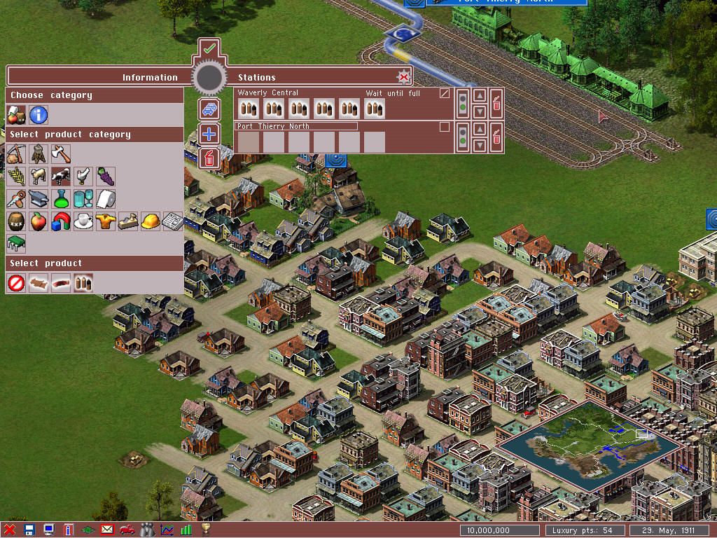 Industry Giant II (Windows) screenshot: After purchasing a train, the player defines the cargo and stations where it will load and unload cargo