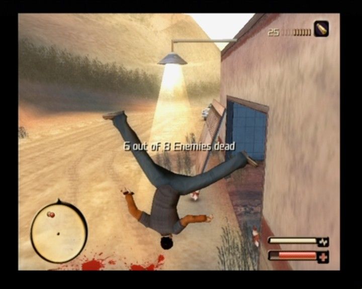 Total Overdose: A Gunslinger's Tale in Mexico (PlayStation 2) screenshot: Bouncing off the wall in a slow-motion with enemies around is one of the many cool moves this game features