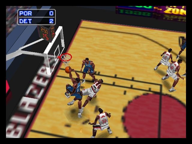 NBA in the Zone '98 (Nintendo 64) screenshot: And the first 2 points goes to Detroit Pistons! Replay...