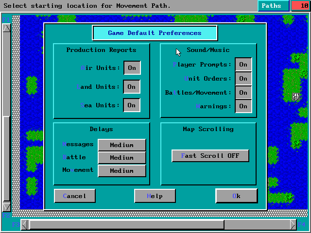 Empire Deluxe (DOS) screenshot: Game Default Preferences