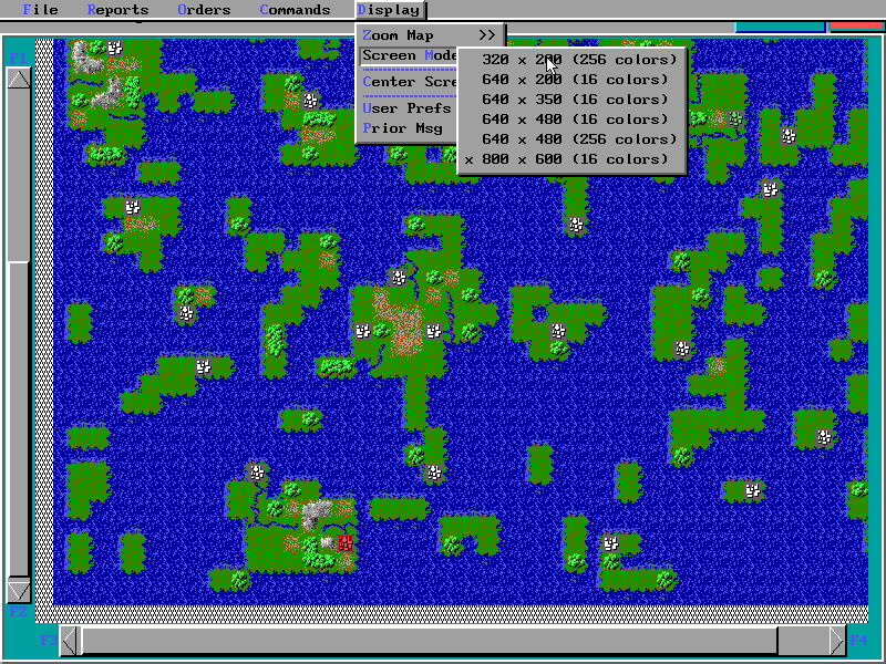 Empire Deluxe (DOS) screenshot: Screen Modes (up to 800x600) allows you to see more/less of the land...
