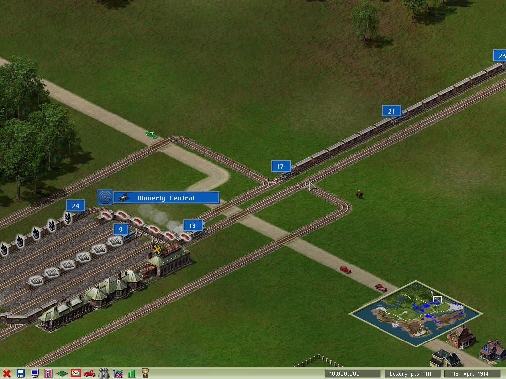 Industry Giant II (Windows) screenshot: There are no accidents in IG2, but having too many trains using the same tracks quickly clog up the access and soon factories will be left outside materials, and worse of all, stores of goods to sell.