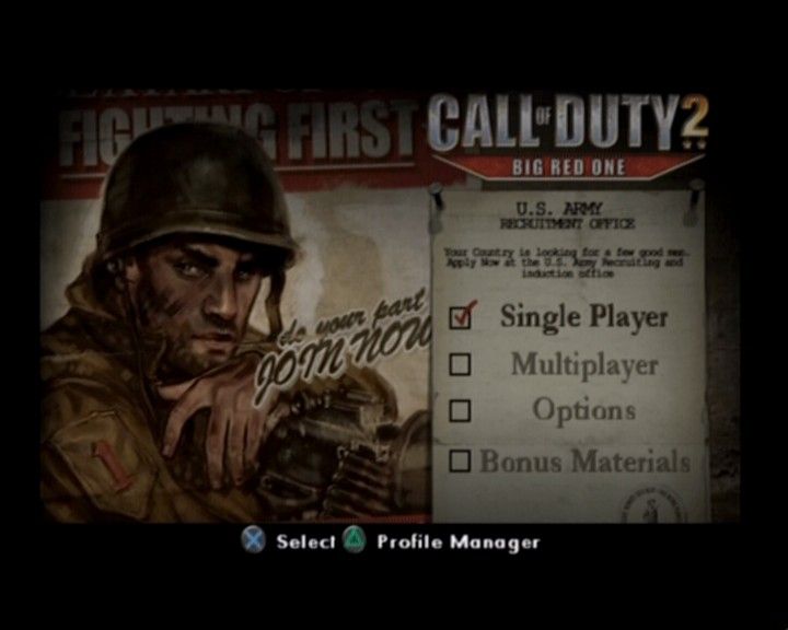 Call of Duty 2: Big Red One (PlayStation 2) screenshot: Main menu