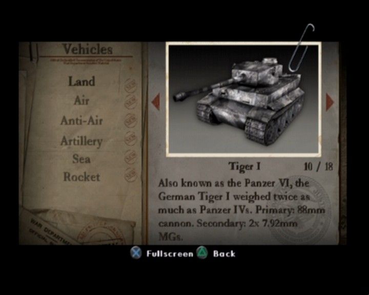 Call of Duty 2: Big Red One (PlayStation 2) screenshot: Info on vehicles, Tiger I tank