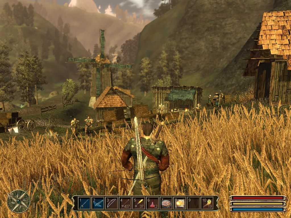 Gothic 3 (Windows) screenshot: Approaching the wheat farm