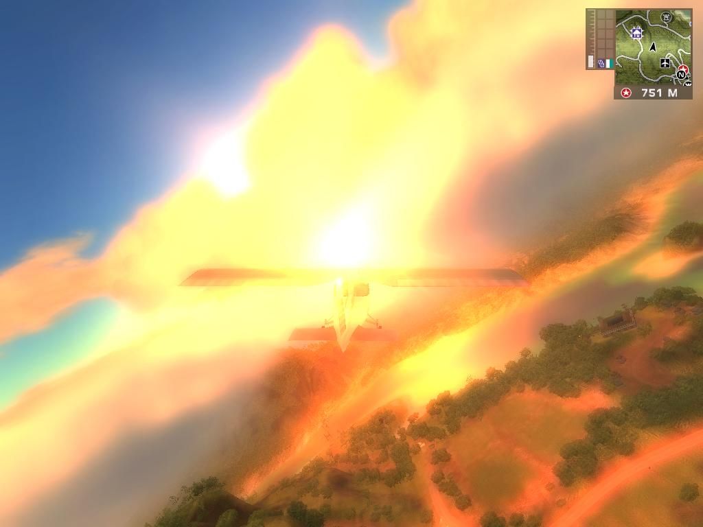 Just Cause (Windows) screenshot: Flying to the sunrise