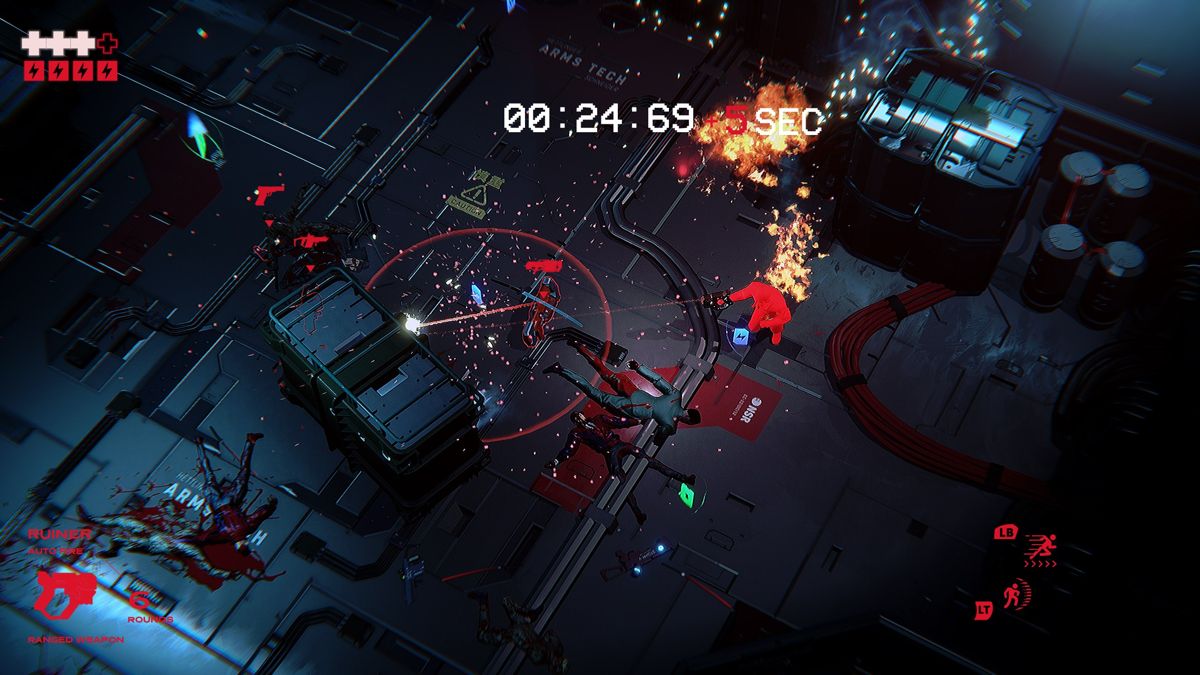 Ruiner (Windows) screenshot: A boss fight with a time limit where additional time is earned by killing minions.