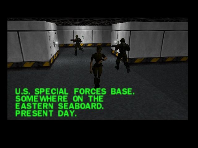 Duke Nukem: Zero Hour (Nintendo 64) screenshot: Introduction cutscene - It's apparently a normal day in the U.S. Special Forces Base...