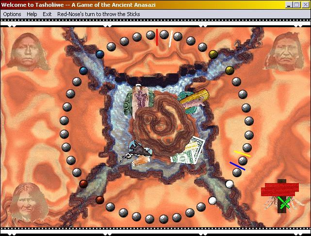 Anasazi Tasholiiwe (Windows) screenshot: During the game. The colored sticks show the position of the players.