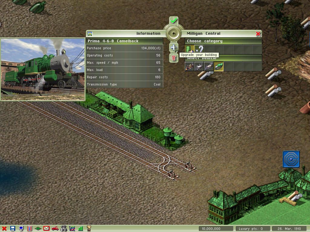 Industry Giant II (Windows) screenshot: Trains are the fastest way to bring goods from one place to another quickly