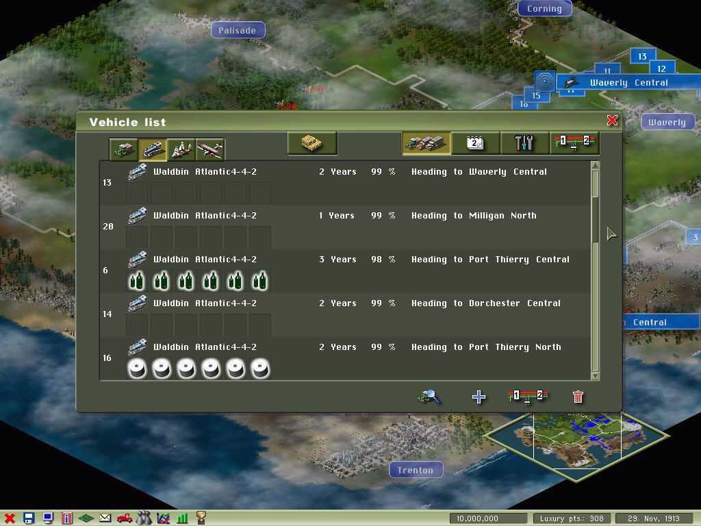 Industry Giant II (Windows) screenshot: Vehicles list. Age and condition affect overall reliability of a line, as a broken train is a dead train, and a dead train is a huge clog on the machine.