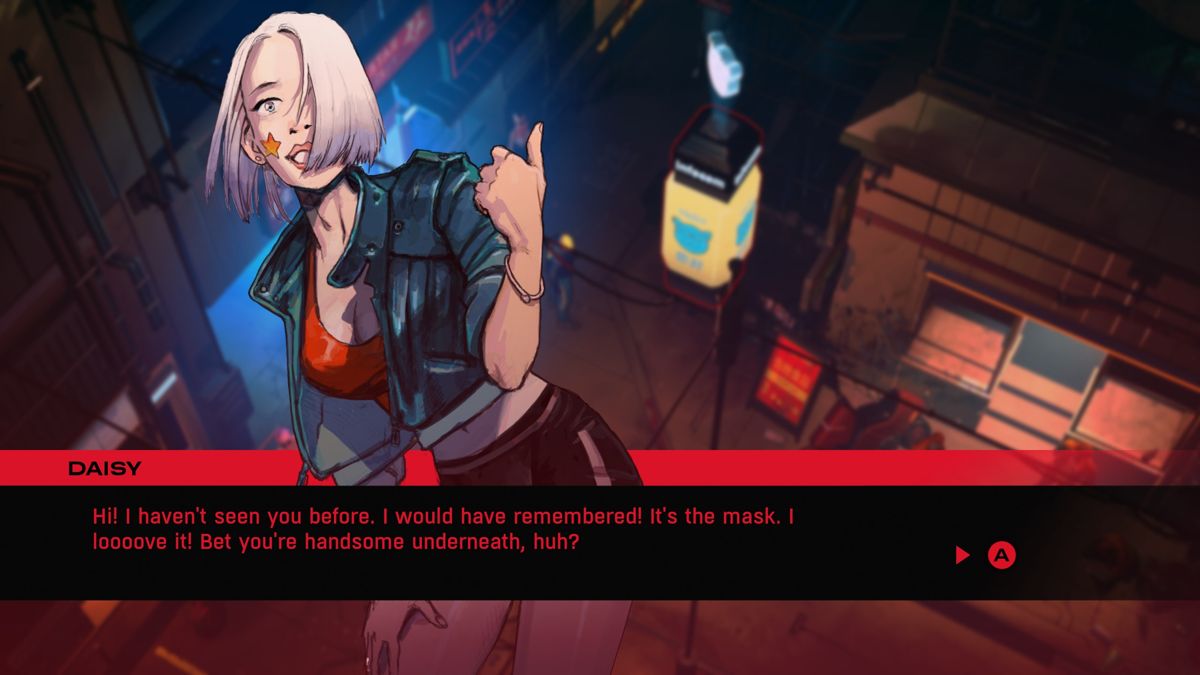 Ruiner (Windows) screenshot: Meeting a character in the city.
