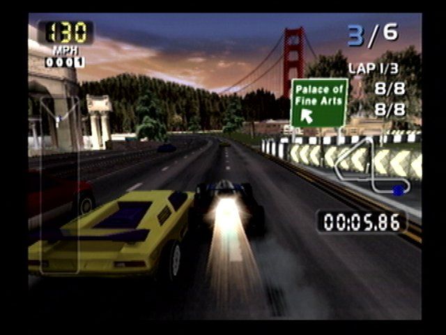 San Francisco Rush 2049 (Dreamcast) screenshot: Single race pits you against 5 AI cars
