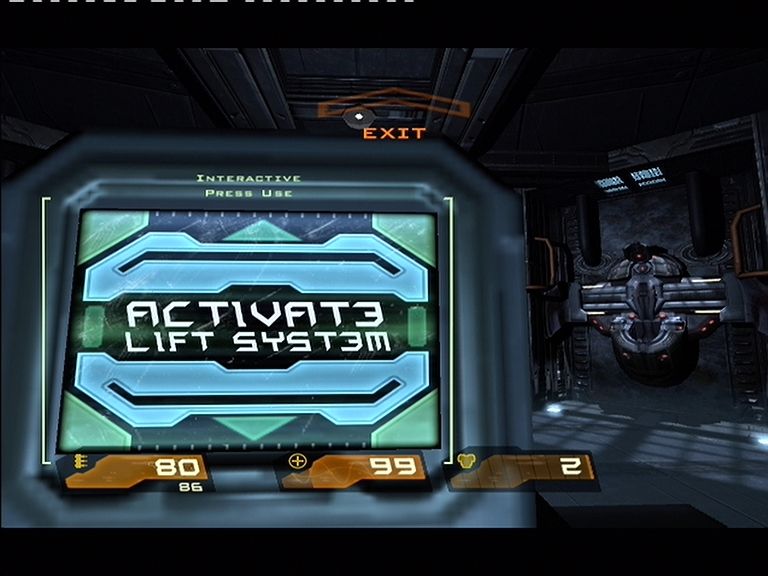 Quake 4 (Xbox 360) screenshot: Control panels are used to activate lifts, open doors, and many other things.