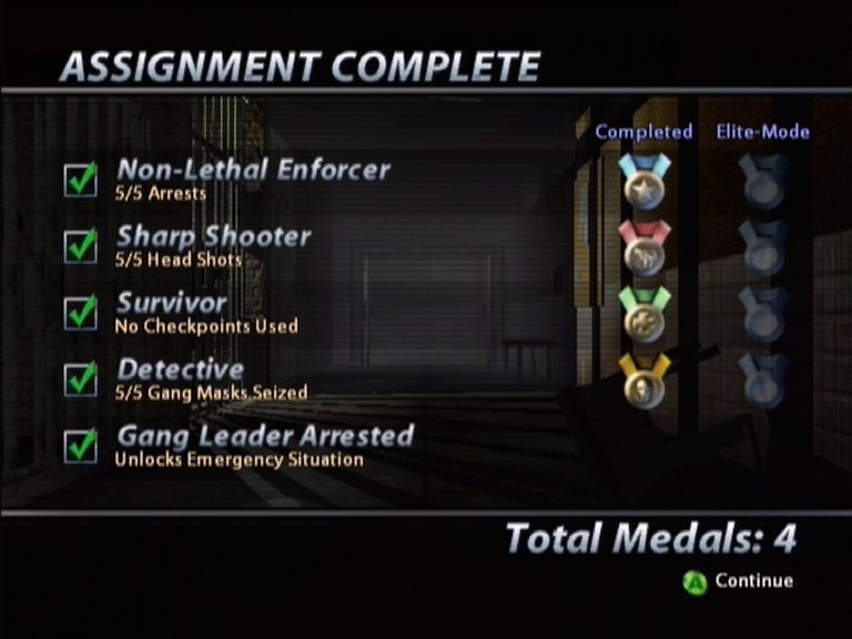 Urban Chaos: Riot Response (Xbox) screenshot: At the end of a level you are shown your stats