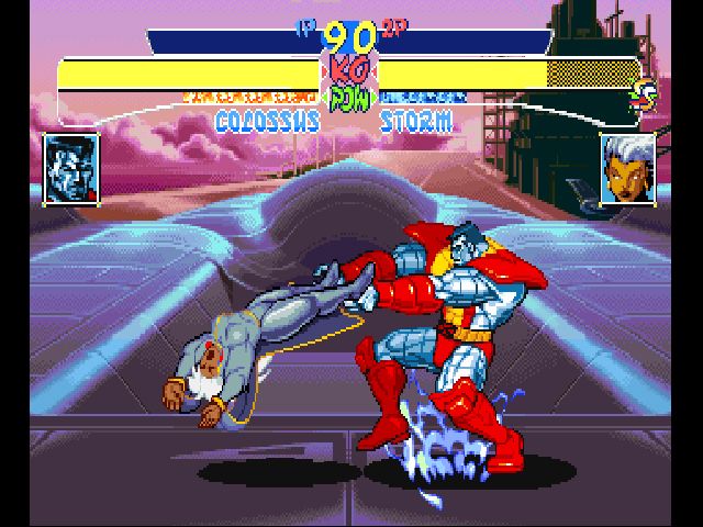 X-Men: Children of the Atom (PlayStation) screenshot: Colossus doesn't need to control weather to put Storm through a tornado.