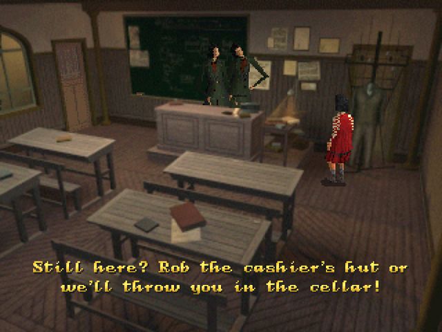 The City of Lost Children (PlayStation) screenshot: Pieuvre, headmistress of the orphanage and siamese twins with singular identity.