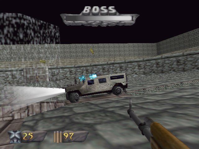 Turok: Dinosaur Hunter (Windows) screenshot: One of the boss enemies: A hummer jeep