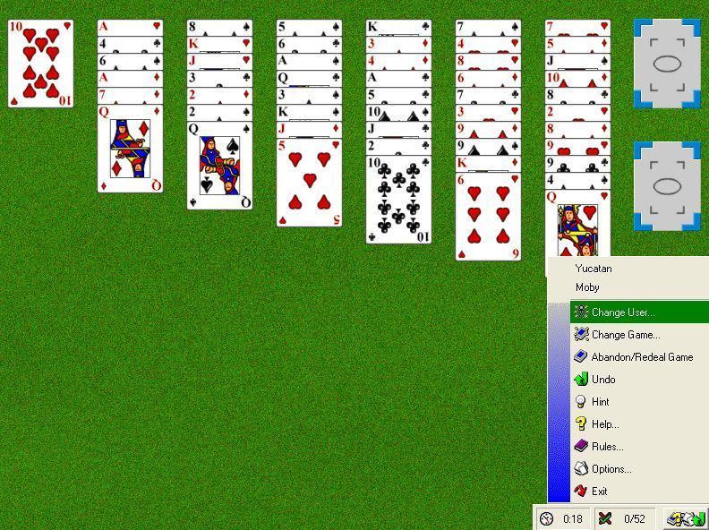 Solitaire Games (Windows) screenshot: A game of Yucatan has been set up ready to be played. In the bottom right the game shows the cards taken out of play, the game timer, and this menu