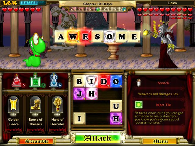 Bookworm Adventures (Windows) screenshot: Spelling a word using gem tiles