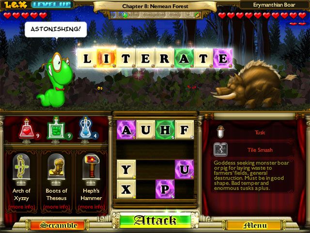 Bookworm Adventures (Windows) screenshot: Spelling a word using gem tiles.