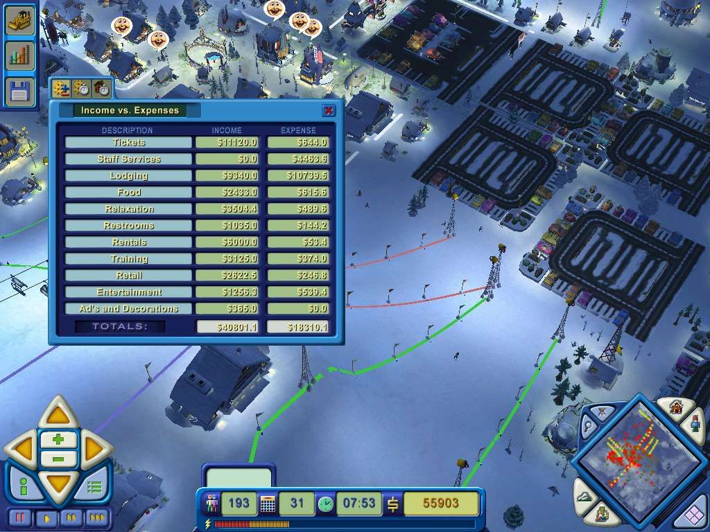 Ski Resort Extreme (Windows) screenshot: Balance sheet