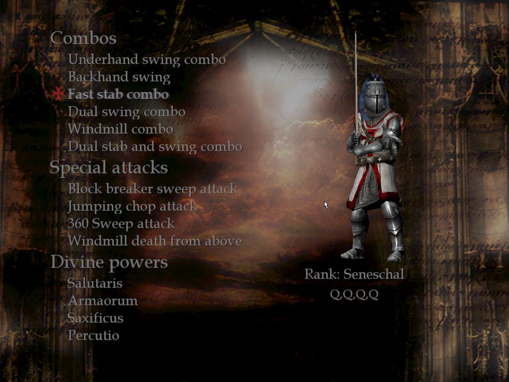 Knights of the Temple: Infernal Crusade (Windows) screenshot: F1 shows your current Powers, Attacks and Combos.