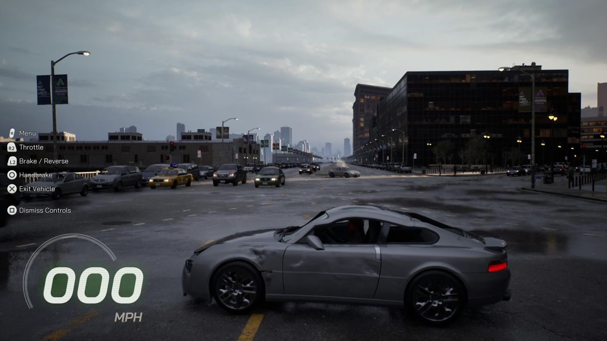 The Matrix Awakens (PlayStation 5) screenshot: Car damages are included in this tech demo as well