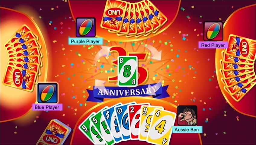 Uno (Xbox 360) screenshot: The 35th Anniversary Deck is brightly themed.