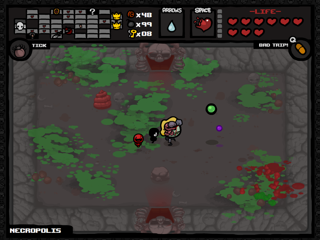 The Binding of Isaac: Wrath of the Lamb (Windows) screenshot: A level with the labyrinth curse where there are twice as many rooms (see map), including two boss rooms.