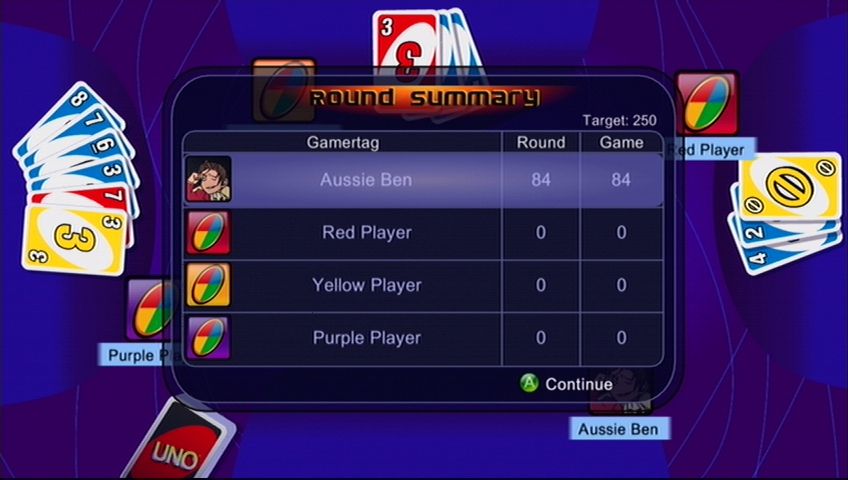 Uno (Xbox 360) screenshot: The scores are shown after each round.